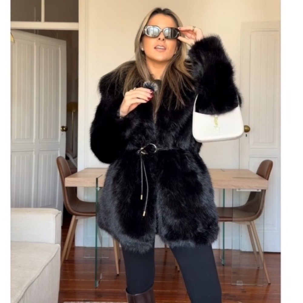 New ZARA Faux Fur Belted Coat - Picture 3 of 16